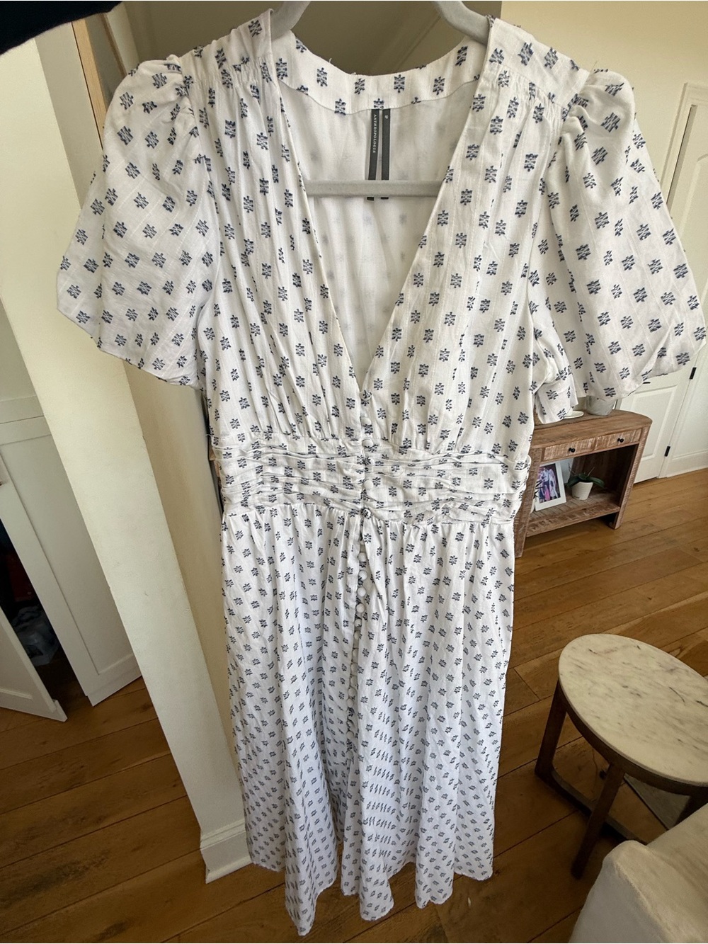 Anthropologie White Midi Dress with Navy Print
